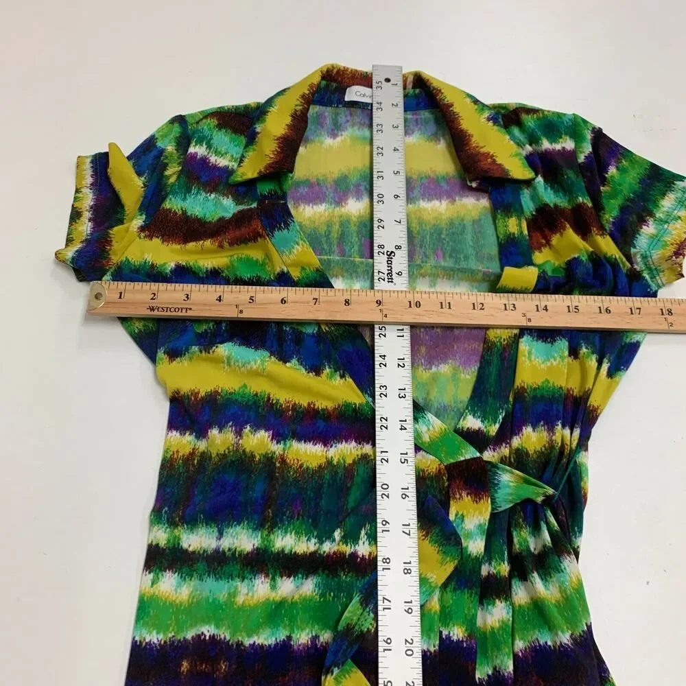Calvin Klein Tie Dye Wrap Womens 4 Cap Sleeve Plunge V Neck Collar Waist Tie